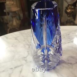 Arnstadt Kristall Cobalt Blue Cut To Clear Crystal Vase Etched Flowers & Fruit