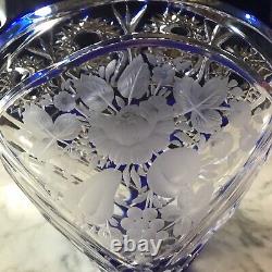 Arnstadt Kristall Cobalt Blue Cut To Clear Crystal Vase Etched Flowers & Fruit