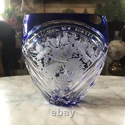 Arnstadt Kristall Cobalt Blue Cut To Clear Crystal Vase Etched Flowers & Fruit