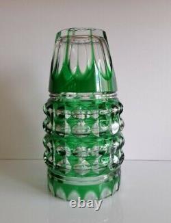 Art Deco Bohemian Cased Cut To Clear Emerald Green Lead Crystal Vase, 10