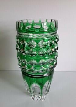 Art Deco Bohemian Cased Cut To Clear Emerald Green Lead Crystal Vase, 10