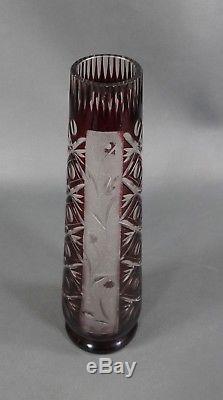 Art Deco Bohemian Czech Dark Ruby Red Cut to Clear Crystal Glass Vase 9