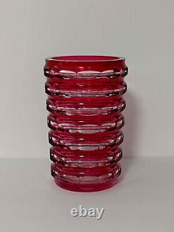 Art Deco Val St. Lambert Crystal Hexagonal Vase, Cranberry Cut to Clear 6 EUC