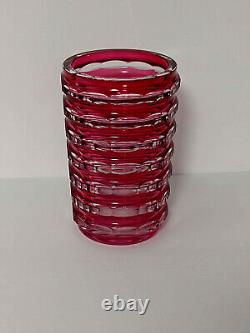 Art Deco Val St. Lambert Crystal Hexagonal Vase, Cranberry Cut to Clear 6 EUC