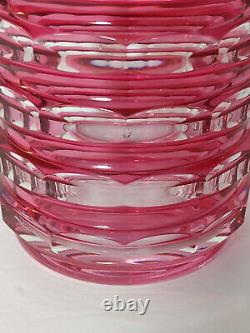 Art Deco Val St. Lambert Crystal Hexagonal Vase, Cranberry Cut to Clear 6 EUC