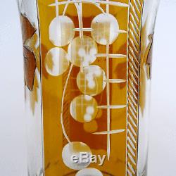 Art Deco Vase, Bernstein-Beize, Schälschliff, Gravur, Cut Crystal, Haida, Böhmen 1920