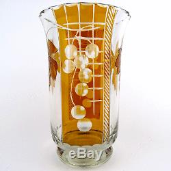 Art Deco Vase, Bernstein-Beize, Schälschliff, Gravur, Cut Crystal, Haida, Böhmen 1920