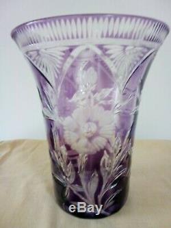 Art glass Crystal Amethyst vase Cut to Clear Large beautiful heavy Vase