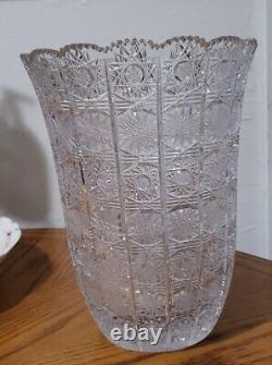 Atq. Czech Bohemian Hand-cut Crystal Vase Queens Lace Pattern GORGEOUS 10