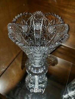 Authentic American Brilliant Large 10.5 Polished Cut Crystal Vase Hobstar