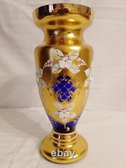 Authentic Antique Bohemian Czech Cobalt Gold Enamel Hand Cut Crystal Vases