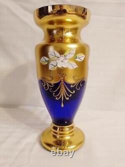 Authentic Antique Bohemian Czech Cobalt Gold Enamel Hand Cut Crystal Vases