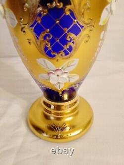 Authentic Antique Bohemian Czech Cobalt Gold Enamel Hand Cut Crystal Vases