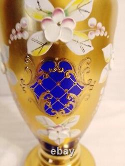 Authentic Antique Bohemian Czech Cobalt Gold Enamel Hand Cut Crystal Vases