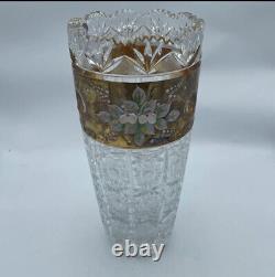 BOHEMIAN CZECH Queen Lace 10 Hand Cut Lead Crystal Vase Hand Painted