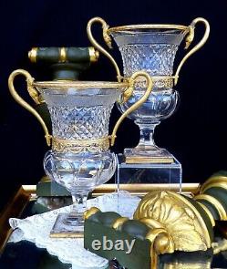 Baccarat Pair Antique Vases Hand Cut Crystal And Bronze Gilded Swan
