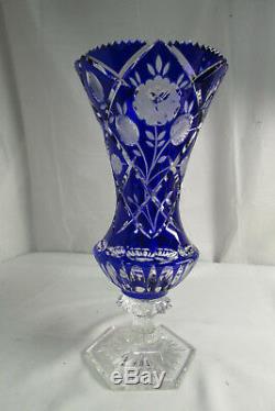 Beautiful 13.5 Cobalt Cut to Clear Lead Crystal Vase by CCI GDR Germany 1R3