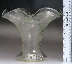 Beautiful Antique Intaglio Cut Crystal Glass Trumpet Vase w Fruit Design