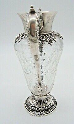 Beautiful Antique Sterling Silver & Cut Crystal Vase Dolphin Handles As Is