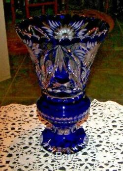 Beautiful Bohemian Czech Crystal Floral Vase Cut To Clear Cobalt Blue