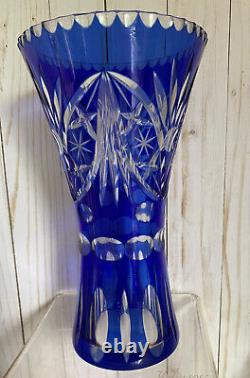 Beautiful Colbalt Cut To Clear (bohemia)glass Crystal Vase 10 1/2