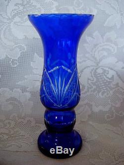 Beautiful Collectible Cobalt Blue Blown Glass Cut-to-Clear Crystal Vase