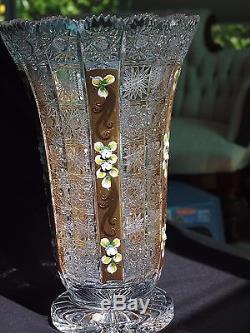 Beautiful Czech Bohemian Large Hand-cut Crystal Vase with Gold & Paint Accents