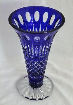 Beautiful Large Bohemian Cut Glass Crystal Cobalt Blue Trumpet Footed Vase