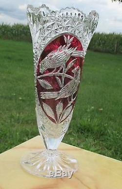 Beautiful Red Crystal Vase Cut to Clear Birds Leaves Stunning 10.24