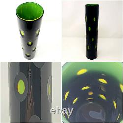 Black Crystal Vase Cut to Green Mid Century Modern MCM Hand Blown 13.5 x 3 1/8