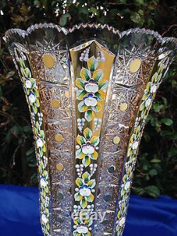 Bohemia 18k Gold Enamel Queen Lace Hand Cut 24% Lead Crystal Pedestal Vase 14