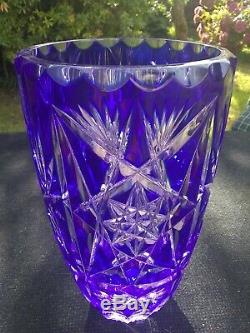 Bohemia Bohemian Crystal glass Cobalt Blue Vase star cut 10 Tall heavy