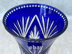 Bohemia Crystal Cobalt Blue Vase Etched Cut Glass Star Flare Czechoslovakia 11