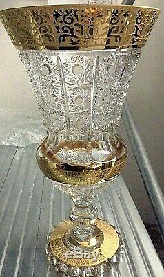 Bohemia Crystal Hand Cut 14'' Tall Vase decorated gold and engraving