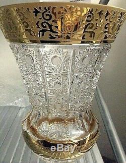 Bohemia Crystal Hand Cut 14'' Tall Vase decorated gold and engraving