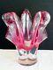 Bohemia Crystal Pink Raspberry Cut To Clear Bohemian Bowl Vase Czech Glass Vtg