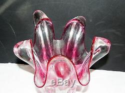 Bohemia Crystal Pink Raspberry Cut to Clear Bohemian Bowl Vase Czech Glass Vtg