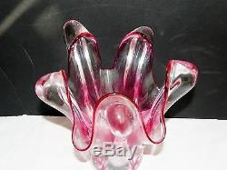 Bohemia Crystal Pink Raspberry Cut to Clear Bohemian Bowl Vase Czech Glass Vtg