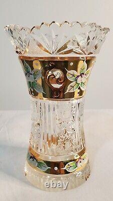 Bohemia Czech Crystal Gold Vase 6 tall, Hand cut Queen lace 24% Pbo