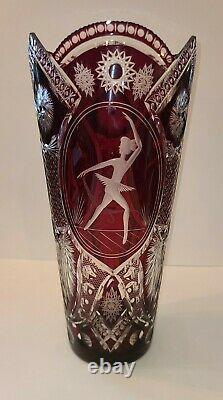 Bohemian 14 Cranberry Red Cut to Clear Crystal Cut Vase