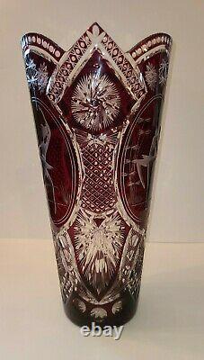 Bohemian 14 Cranberry Red Cut to Clear Crystal Cut Vase