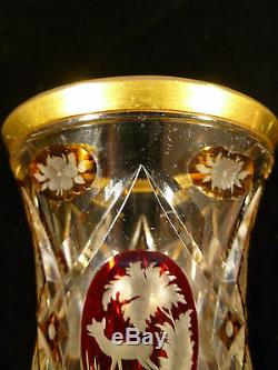 Bohemian Amber & Cranberry Etched & Cut Crystal Vase