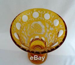 Bohemian Amber Crystal Vase Etched & Cut To Clear Excellent