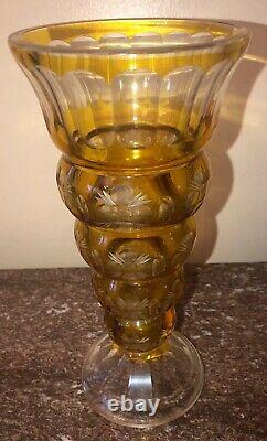 Bohemian Amber Cut To Clear Crystal Art Deco Cylindrical Flower Vase Circa 1940s