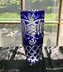 Bohemian Blue Cobalt Cut To Clear Crystal Vase Stars Diamonds 7 1/2