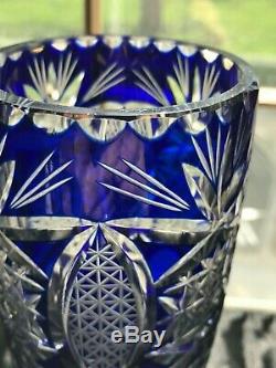 Bohemian Blue Cobalt Cut to Clear Crystal Vase Stars Diamonds 7 1/2