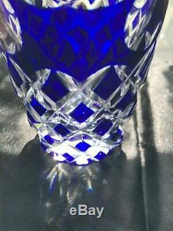 Bohemian Blue Cobalt Cut to Clear Crystal Vase Stars Diamonds 7 1/2