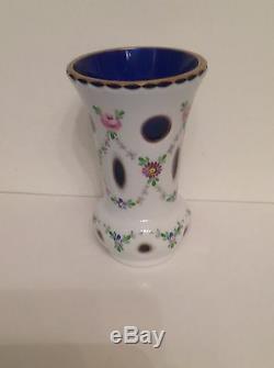 Bohemian Cased Milky Cut to Cobalt Blue Handpainted Crystal Glass Vase, 7 1/4 H