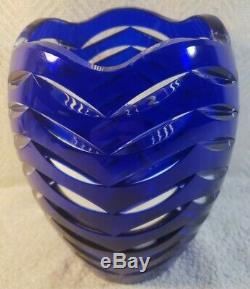 Bohemian Cobalt Blue Crystal Vase/Urn Cut to Clear Glass Flower Vase Heavyweight