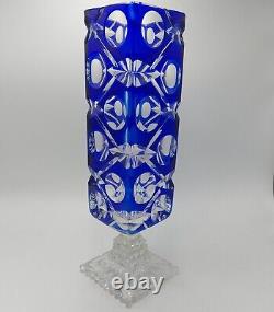 Bohemian Cobalt Blue Cut To Clear Crystal Glass Vase 13 STUNNING